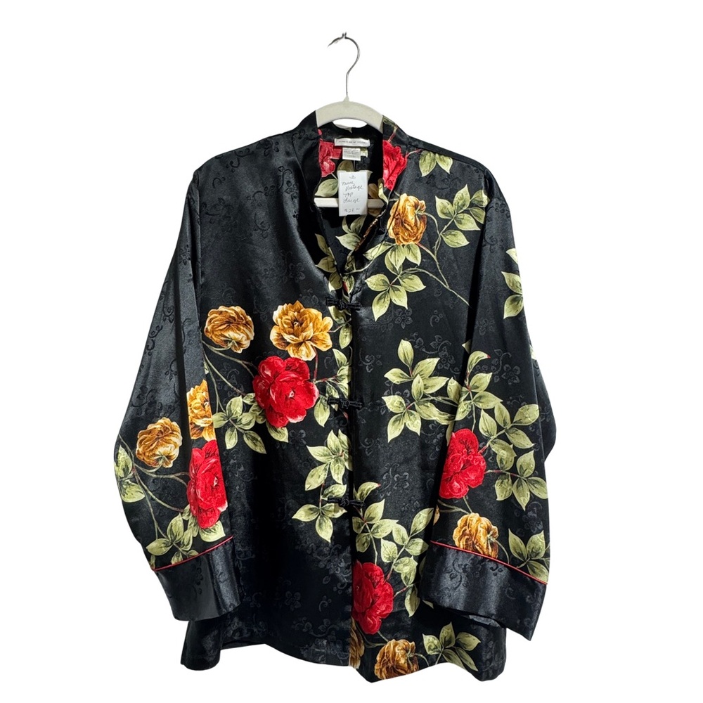 Jones New York Black Satin Blouse with Red and Yellow Floral Design